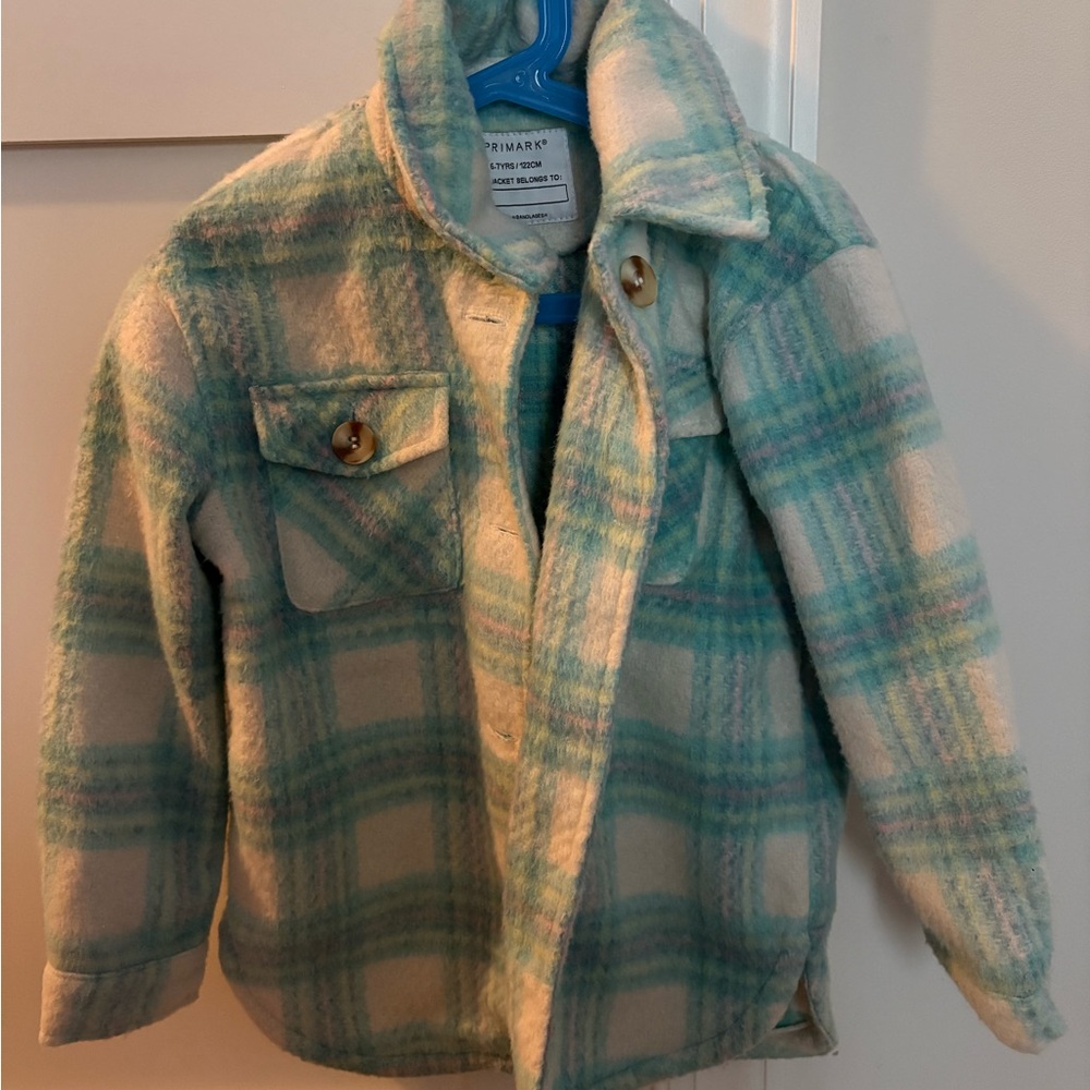 Primark Kids Plaid Pea Coat in Blue and Cream size 6/7